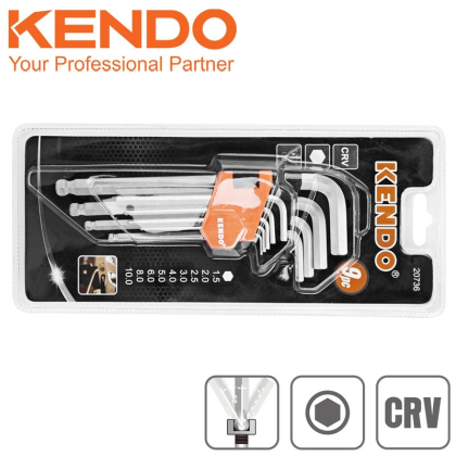 KENDO Sada imbusových klíčů L s kuličkou 9ks 1,5-10mm střední CRV 20735