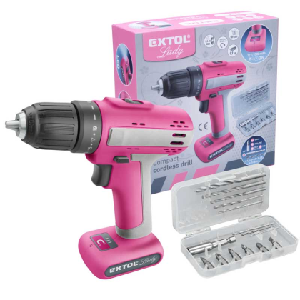 EXTOL Lady Aku vrtací šroubovák, růžový, 12V Li-ion, 1,5Ah, 402402