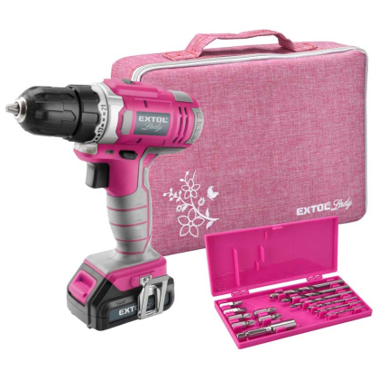 EXTOL Lady Aku vrtací šroubovák, růžový, 12V Li-ion, 1,3Ah, 402401