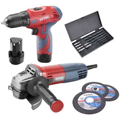 EXTOL Premium Aku vrtací šroubovák 12V Li-ion (2x) a bruska úhlová 125mm v plastovém boxu, 8898311