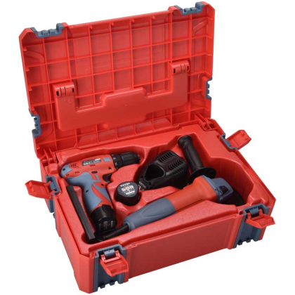 EXTOL Premium Aku vrtací šroubovák 12V Li-ion (2x) a bruska úhlová 125mm v plastovém boxu, 8898311