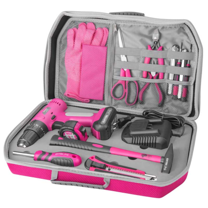 EXTOL Lady Aku vrtací šroubovák s příklepem, růžový, 12V Li-ion, 2000mAh, v kufru s nářadím, sada 27ks, 402403
