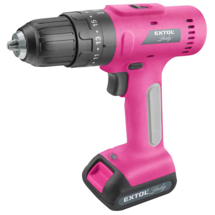 EXTOL Lady Aku vrtací šroubovák s příklepem, růžový, 12V Li-ion, 2000mAh, v kufru s nářadím, sada 27ks, 402403